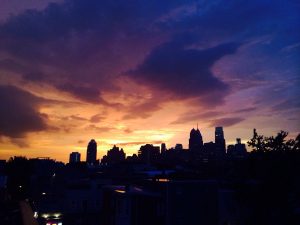 Stormy Philadelphia skyline at sunset