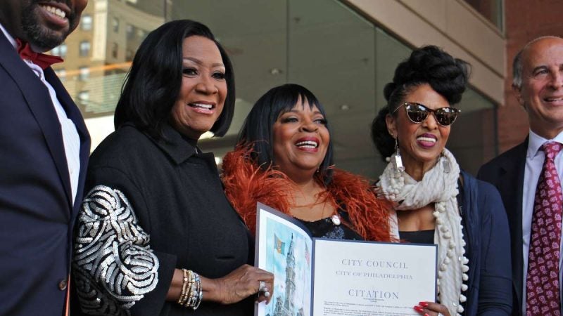 Members of the group LaBelle (from left) Patti LaBelle, Sarah Dash, and Nona Hendryx accept a citation as a plaque honoring the group is added to the Philadelphia Music Walk of Fame.
