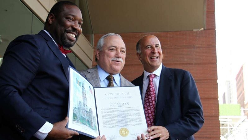 Bob Pantano, host of ''Saturday Night Dance Party,'' receives a citation from Philadelphia city Councilmen Kenyatta Johnson (left) and Mark Squilla (right) to commemorate their inclusion on the Philadelphia Music Walk of Fame.