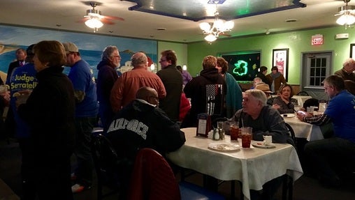 A group of Dauphin County Democrats gathered in Harrisburg to watch election returns come in. (Katie Meyer/WITF)