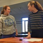 Grace Lewis (left) portrays Stephen Hopkins and Maura Slater (right) portrays John Hancock during a rehearsal for North Penn High School's production of 