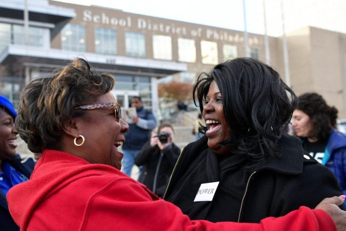 Yvette Jones with PFT and Sheila Armstrong with POWER outside of the monthly SRC meeting, on November 16, 2017. At the meeting the SRC is expected voting to resolve after a 16 year run. (Bastiaan Slabbers for WHYY)