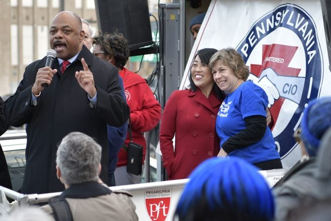 PFT Jerry Jones, Helen Gym and Randy Weingarten at a rally ahead of the monthly meeting of the School Reform Commission of the Philadelphia School District, on November 16, 2017. (Bastiaan Slabbers for WHYY)