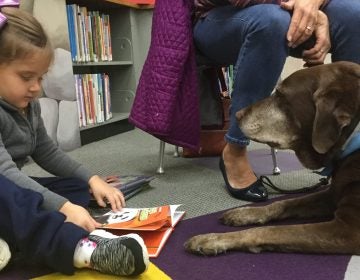 Mia Zelmanoff reads a book to Rocky at the Torresdale library in Northeast Philly.