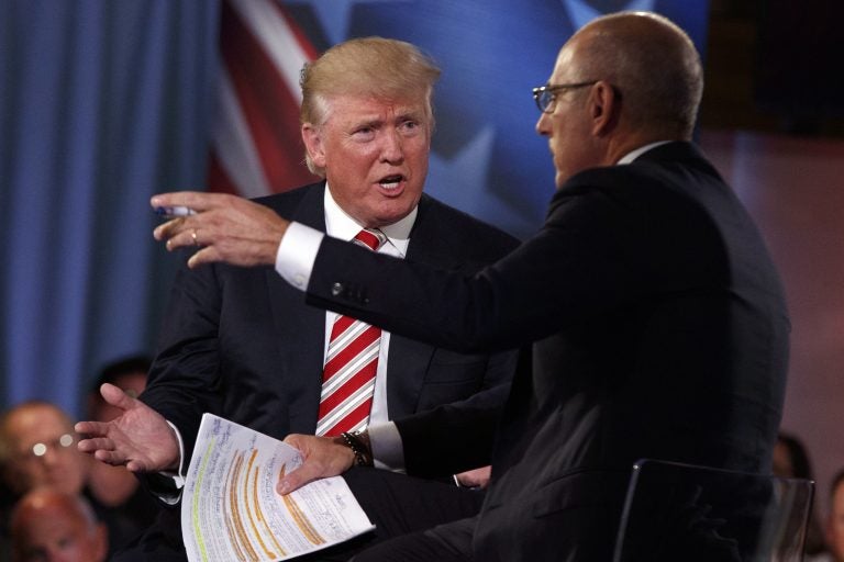 Republican presidential candidate Donald Trump speaks with 'Today' show co-anchor Matt Lauer at the NBC Commander-In-Chief Forum held at the Intrepid Sea, Air and Space museum aboard the decommissioned aircraft carrier Intrepid, New York, Wednesday, Sept. 7, 2016.