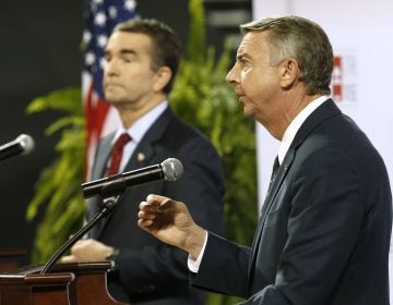 Republican gubernatorial candidate Ed Gillespie, right, gestures during a debate with Democratic challenger Ralph Northam, left, during a debate at University of Virginia-Wise in Wise, Va., Monday, Oct. 9, 2017.