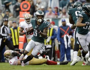 Philadelphia Eagles' Jalen Mills (31) runs the ball in for a touchdown during the first half of an NFL football game against the San Francisco 49ers, Sunday, Oct. 29, 2017, in Philadelphia,.