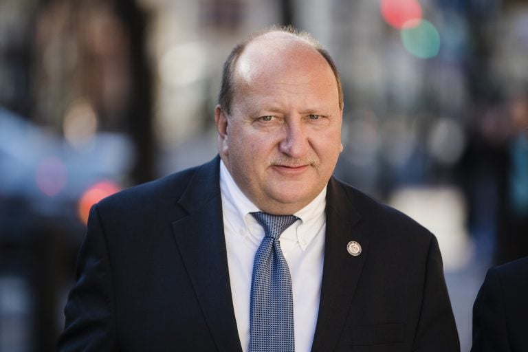 Allentown Mayor Ed Pawlowski, who is facing corruption charges, walks to the federal courthouse in Philadelphia during a break in a pretrial hearing, Tuesday, Nov. 28, 2017. Pawlowski has denied accusations that he accepted more than $150,000 in campaign contributions in exchange for city contracts.