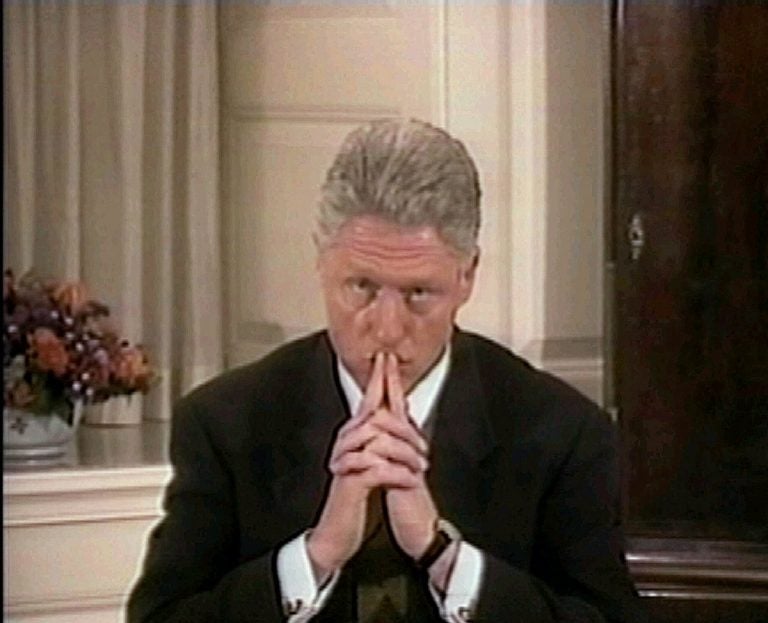 In this image made from video President Clinton listens to a question about the gifts he gave to Monica Lewinsky, in the second hour of his videotaped testimony Monday, Aug. 17, 1998, at the White House. The House Judiciary Committee released the videotape and 2,800 pages of documents Monday, Sept. 21, 1998, from Independent Counsel's Ken Starr's investigation of the president.