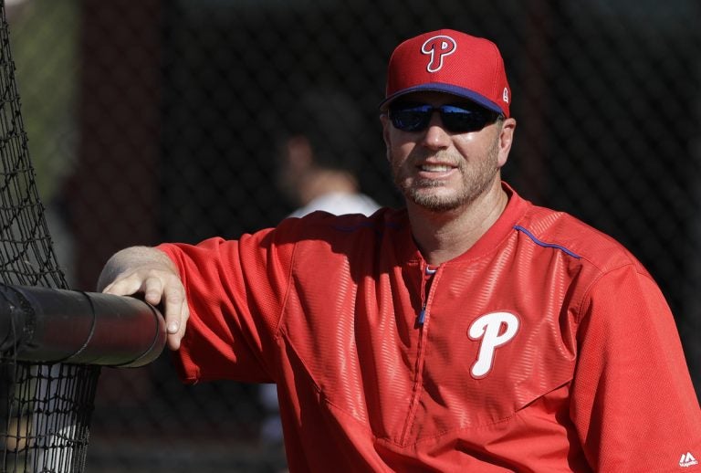 Former Philadelphia Phillies pitcher Roy Halladay watches relief pitcher Joaquin Benoit throw live batting practice during a workout Thursday, March 9, 2017, in Clearwater, Fla. Halladay was back with the Phillies as a guest instructor. (Chris O'Meara/AP Photo)