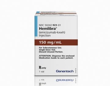 This photo provided by Genentech, Inc. shows a package of the drug Hemlibra. On Thursday, Nov. 16, 2017, the Food and Drug Administration approved Hemlibra, the first new treatment in nearly two decades to prevent internal bleeding in certain patients with hemophilia, an inherited blood-clotting disorder. (Genentech, Inc. via AP)