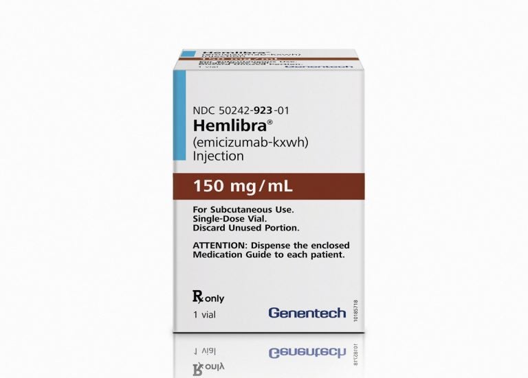 This photo provided by Genentech, Inc. shows a package of the drug Hemlibra. On Thursday, Nov. 16, 2017, the Food and Drug Administration approved Hemlibra, the first new treatment in nearly two decades to prevent internal bleeding in certain patients with hemophilia, an inherited blood-clotting disorder. (Genentech, Inc. via AP)