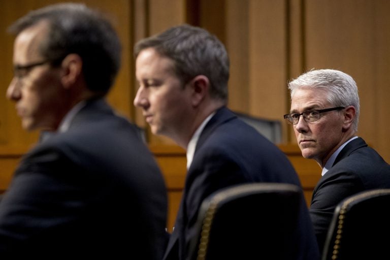 From left, Google's Law Enforcement and Information Security Director Richard Salgado, Twitter's Acting General Counsel Sean Edgett, and Facebook's General Counsel Colin Stretch, appear together during a Senate Committee on the Judiciary, Subcommittee on Crime and Terrorism hearing on Capitol Hill in Washington, Tuesday, Oct. 31, 2017, on more signs from tech companies of Russian election activity. (AP Photo/Andrew Harnik)