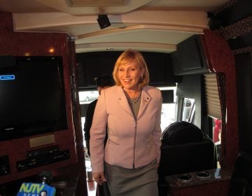 New Jersey Lt. Gov. Kim Guadagno, the Republican candidate for governor in Tuesday's election, sets off on her bus tour Thursday. (Phil Gregory/WHYY)