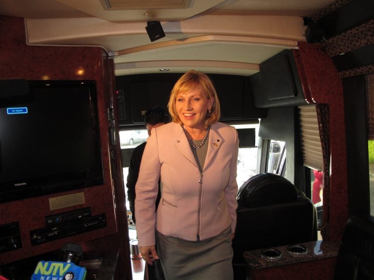 New Jersey Lt. Gov. Kim Guadagno, the Republican candidate for governor in Tuesday's election, sets off on her bus tour Thursday. (Phil Gregory/WHYY)