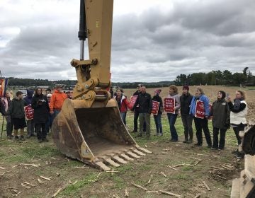 Protesters confront a construction crew for the Atlantic Sunrise pipeline in central Pennsylvania. A new PUC ruling may make it easier for communities to control pipeline development. (Marie Cusick/StateImpact Pennsylvania)