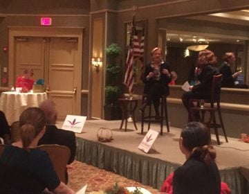 Former DuPont CEO Ellen Kullman talks about gender parity at an event in Wilmington Tuesday night. (Zoë Read/WHYY)