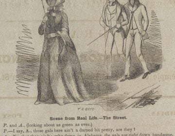 Cartoon from a student newspaper, The Nassau Rake, depicting two white men commenting on the attractiveness of black women in Princeton, June 29, 1853.