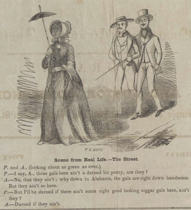 Cartoon from a student newspaper, The Nassau Rake, depicting two white men commenting on the attractiveness of black women in Princeton, June 29, 1853.