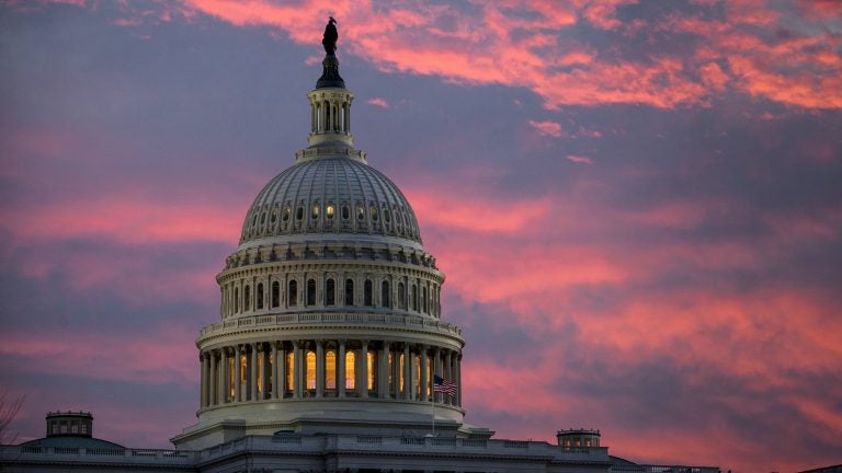 The U.S. Capitol at dawn on Thursday, hours before the Senate began debate on a sweeping GOP tax bill. (NPR)