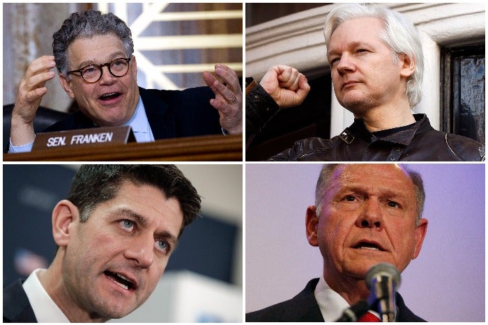 from top left to bottom right, Sen. Al Franken, Julian Assange, Rep. Paul Ryan, Roy Moore (Associated Press)