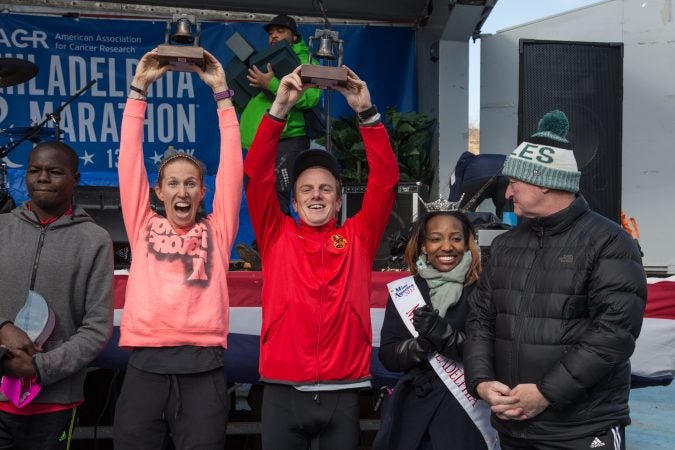 First Philadelphians Beth Blendell and Patrick Richie show off their trophies with Miss Philadelphia and Mayor Kenney at the 23rd annual Philadelphia Marathon on Sunday November 19th, 2017.