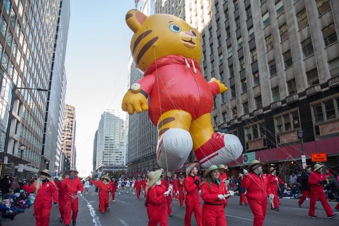 Daniel Tiger floats down Market Street during the 98th annual Philadelphia Thanksgiving Day Parade, November 23, 2017. (Emily Cohen for WHYY)