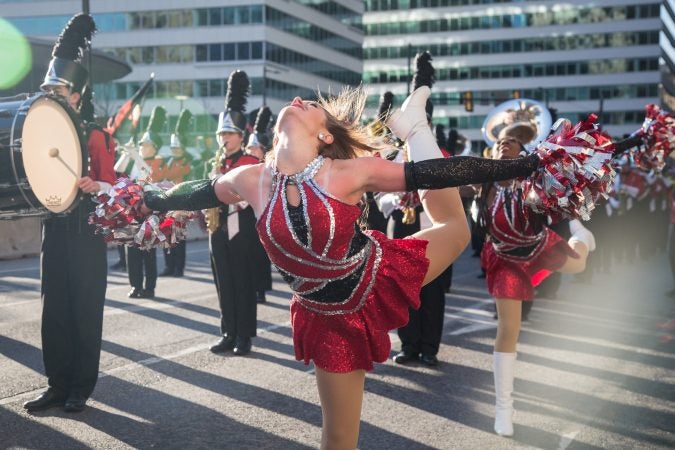 Dancers from Thompson High School in Alabama perform alongside the marching band at the 98th annual Philadelphia Thanksgiving Day Parade, November 23, 2017. (Emily Cohen for WHYY)