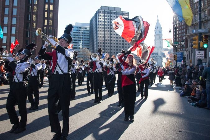 Pride of Herndon Marching Band perform in the 98th annual Philadelphia Thanksgiving Day Parade, November 23, 2017. (Emily Cohen for WHYY)