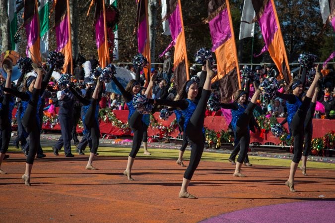 Dancers from Enterprise High School in Alabama perform for in the staging area for the 6abc broadcast of the 98th annual Philadelphia Thanksgiving Day Parade, November 23, 2017. (Emily Cohen for WHYY)