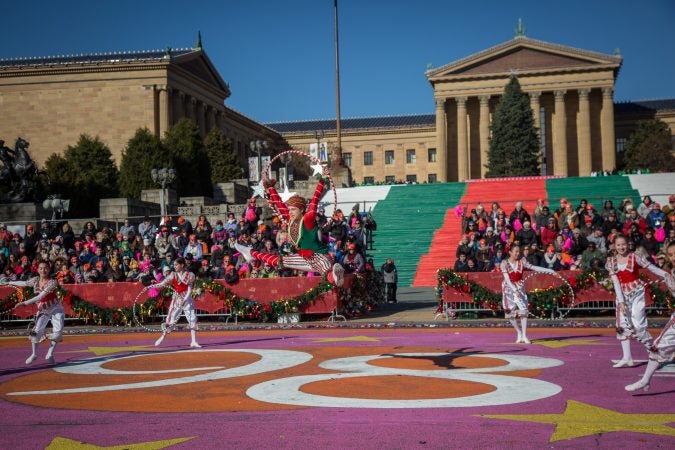 Dancers from the Philadephia Ballet perform a short number during the 6abc broadcast of the 98th annual Philadelphia Thanksgiving Day Parade, November 23, 2017. (Emily Cohen for WHYY)