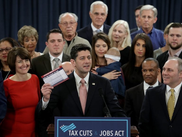
Speaker of the House Paul Ryan, surrounded by American families, and members of the House Republican leadership introduces tax reform legislation on Thursday in Washington, D.C
(Win McNamee/Getty Images)