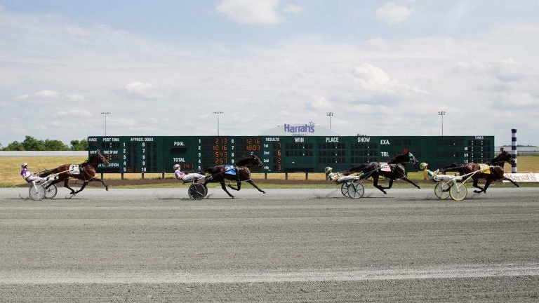 Drivers shift their weight and pull back on their harnesses during an afternoon race at Harrah's Philadelphia Casino & Racetrack in Chester, Pennsylvania. July 2014