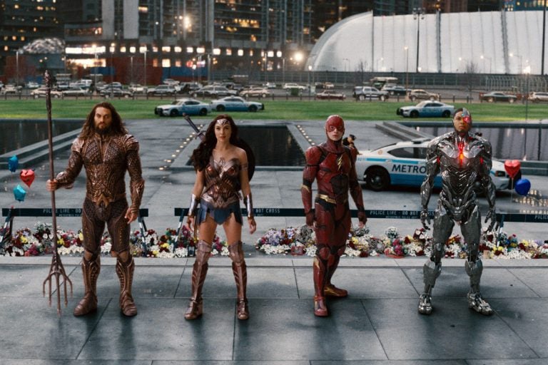 From left: Jason Momoa, Gal Gadot, Ezra Miller, and Ray Fisher in a scene from 