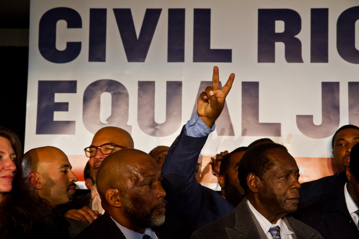 Supporters of Philadelphia District Attorney Elect Larry Krasner celebrate on election night. 