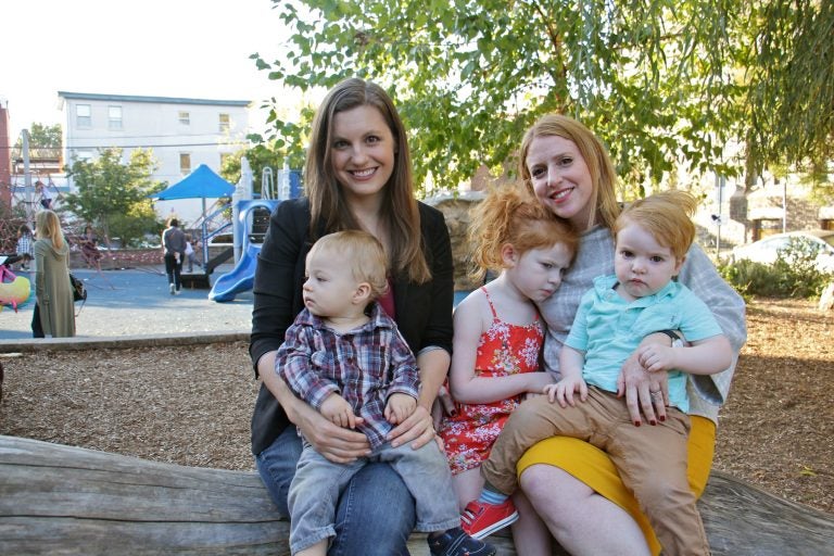 Lacey Kohlmoos, with her son Finn, and Samantha Matlin, with children Olivia, 4, and Logan, 2, campaigned for lactation facilities at 30th Street Station.