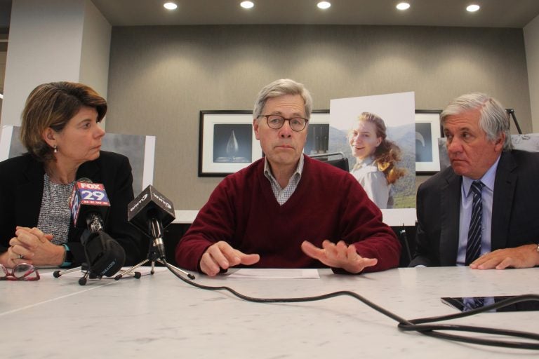 John Bryan (center) and his wife Nancy Winkler (left) lost their daughter, Anne, in the Salvation Army building collapse that killed six people in 2013. They are joined by their lawyer, Robert Mongeluzzi.