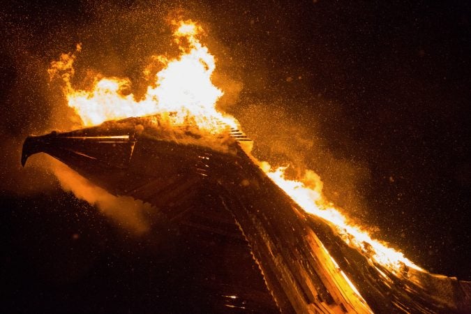 The phoenix catches fire at the 14th Annual Firebird Festival in Phoenixville, Pennsylvania. (Emily Cohen for WHYY)