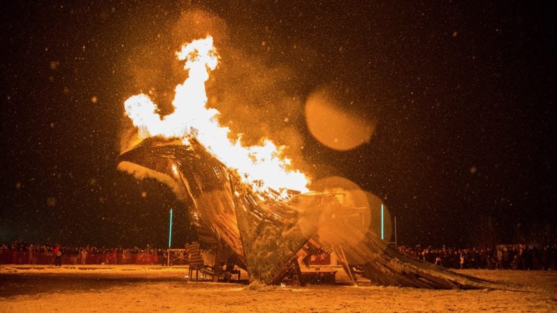 Crowds watch in awe as the phoenix catches fire at the 14th Annual Firebird Festival in Phoenixville.(Emily Cohen for WHYY)