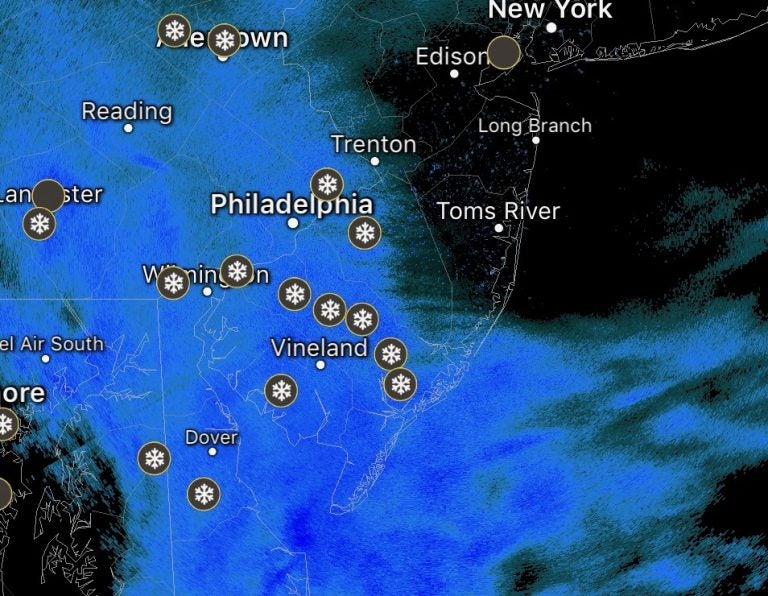 Radar image indicating snow in New Jersey at 9:45 p.m. Wednesday. 