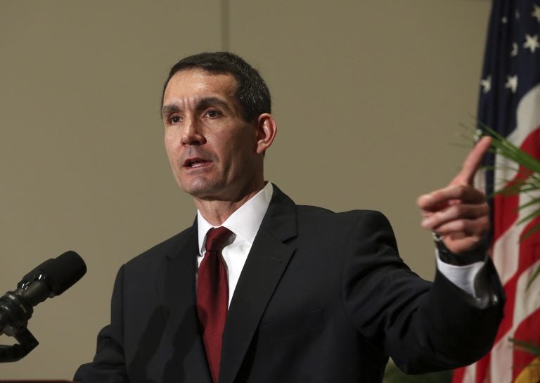 Pennsylvania Auditor General Eugene A. DePasquale, speaks after he was sworn in for his second term at the Capitol in Harrisburg, Pa., Tuesday, Jan. 17, 2017.