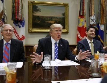 FILE - In this March 1, 2017, file photo President Donald Trump, flanked by Senate Majority Leader Mitch McConnell of Ky., left, and House Speaker Paul Ryan of Wis., speaks in the Roosevelt Room of the White House in Washington.