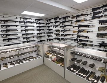 Dozens of semi-automatic rifles line a pair of walls in a gun shop Tuesday, Nov. 7, 2017, in Lynnwood, Wash.