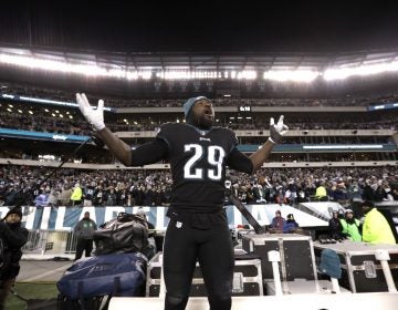 Philadelphia Eagles' LeGarrette Blount cheers during the second half of an NFL football game against the Oakland Raiders, Monday, Dec. 25, 2017, in Philadelphia