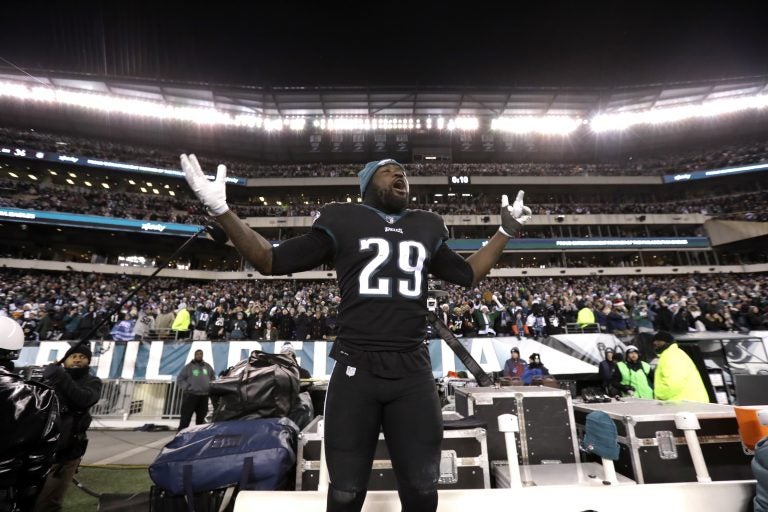 Philadelphia Eagles' LeGarrette Blount cheers during the second half of an NFL football game against the Oakland Raiders, Monday, Dec. 25, 2017, in Philadelphia