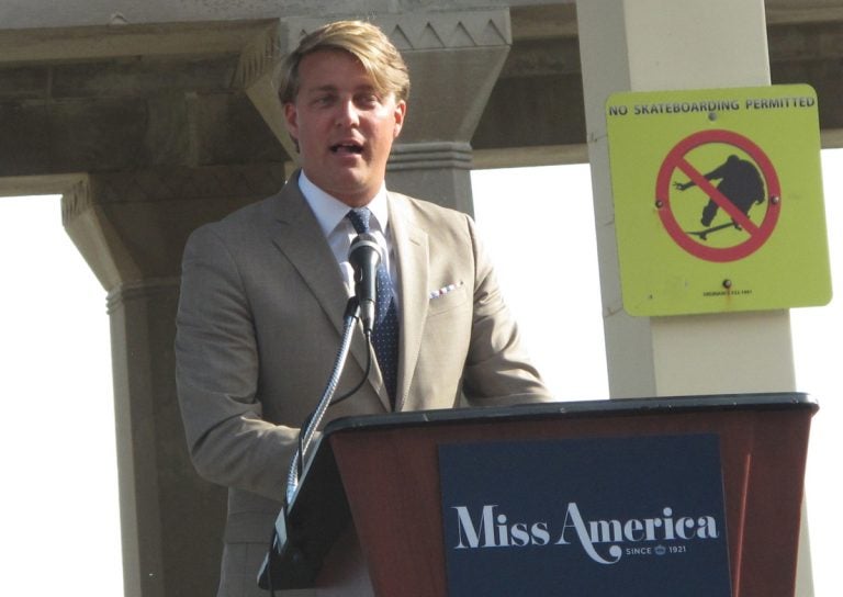 This Aug. 30, 2017 photo shows Josh Randle, president of the Miss America Organization, speaking at a welcoming ceremony for pageant contestants in Atlantic City N.J. On Saturday Dec. 23, 2017, Randle resigned from the organization in the wake of an email scandal in which top leaders of the group ridiculed former Miss Americas, including comments about their appearance, intellect and sex lives. The group's CEO was suspended on Friday. (Wayne Parry/AP Photo)