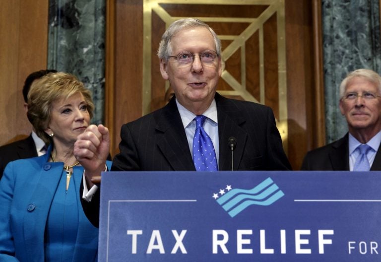 Senate Majority Leader Mitch McConnell, R-Ky., flanked by, Small Business Administration Administrator Linda McMahon, left, and Sen. Roger Wicker, R-Miss., speaks to a group of small business owners as Republicans work to pass their sweeping tax bill, a blend of generous tax cuts for businesses and more modest tax cuts for families and individuals, on Capitol Hill in Washington, Thursday, Nov. 30, 2017. It would mark the first time in 31 years that Congress has overhauled the tax code, making it the biggest legislative achievement of President Donald Trump's first year in office. (J. Scott Applewhite/AP Photo)