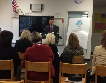 Delaware Attorney General Matt Denn announcing proposal to invest Delaware tax revenue windfall in a 4-year trust.  (Shirley Min/WHYY)