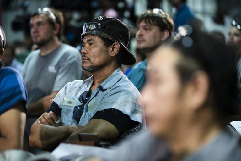 Workers listen to Speaker of the House Paul Ryan, R-Wis., speak at the Pennsylvania Machine Works in Aston, Pa.