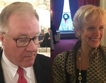 Pennsylvania state Sen. Scott Wagner (left) and Laura Ellsworth, a Pittsburgh attorney, at a Pennsylvania Society event. Both are Republicans running for governor. (Dave Davies/WHYY)
